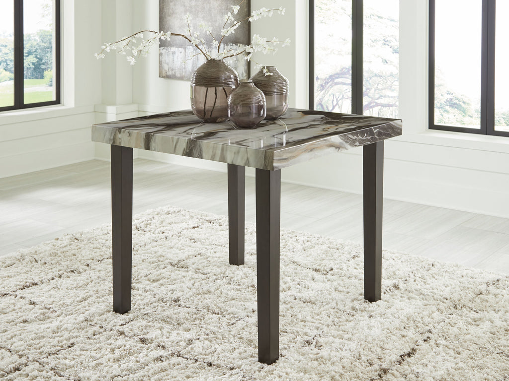 Square dining room counter table with marble-look top and dark brown legs