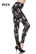 Plus size brushed ankle leggings, black with skeleton skateboarder print allover