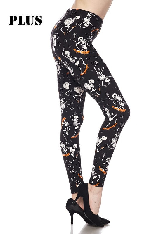 Plus size brushed ankle leggings, black with skeleton skateboarder print allover