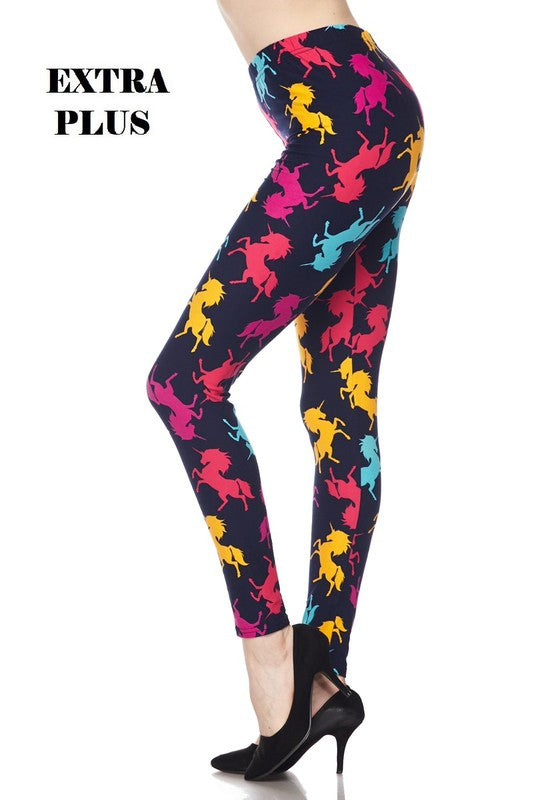 Plus size brushed ankle leggings with multicolor unicorn silhouettes