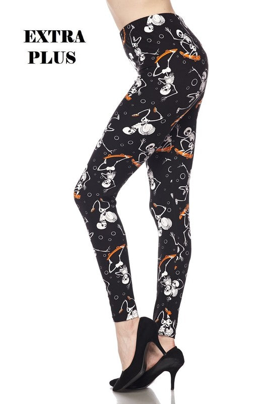 Black ankle leggings with white skeleton skateboarding print, fitted full-length