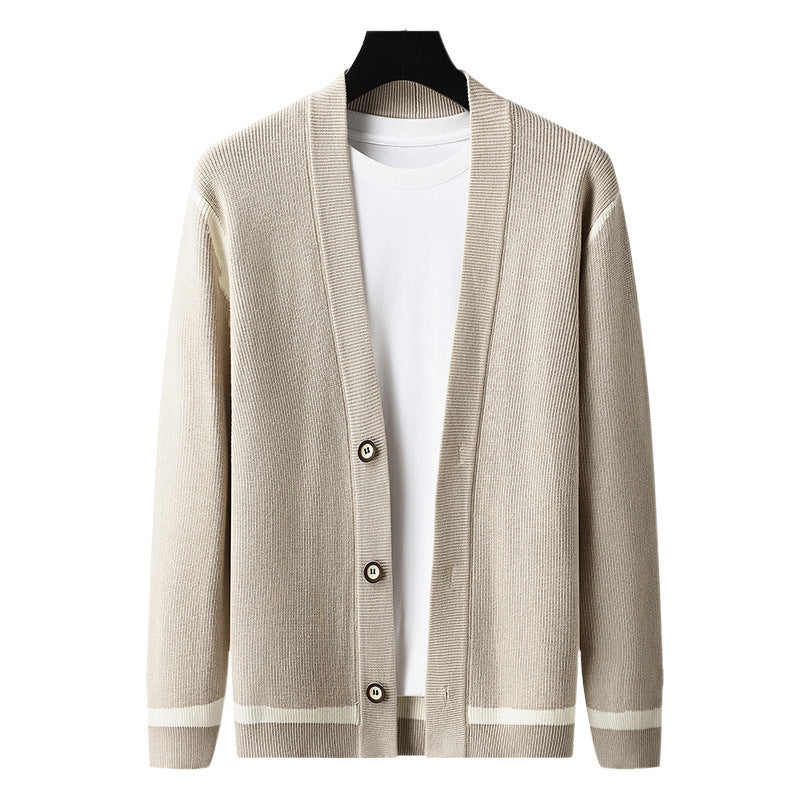 Men's knit cardigan sweater coat, beige button-front with white striped bands