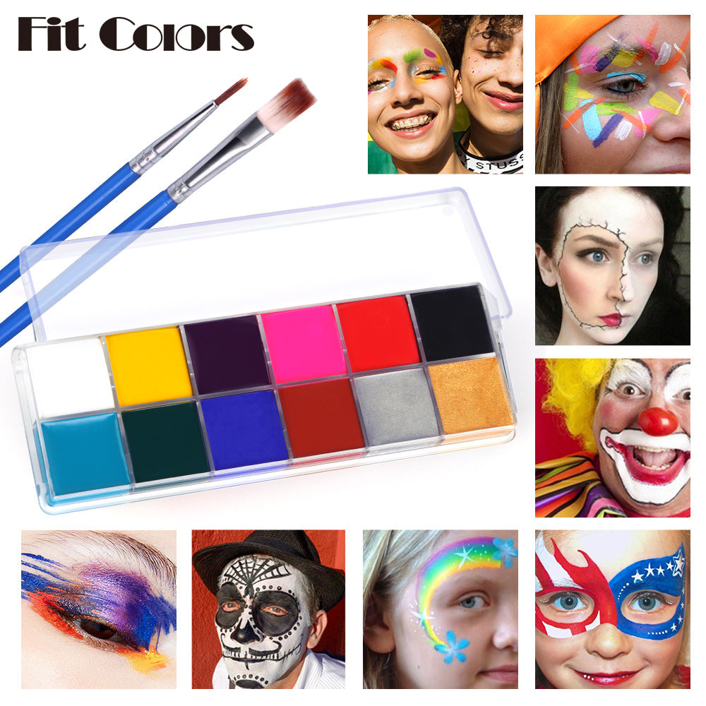 12-color face paint palette with mixing tray and two makeup brushes