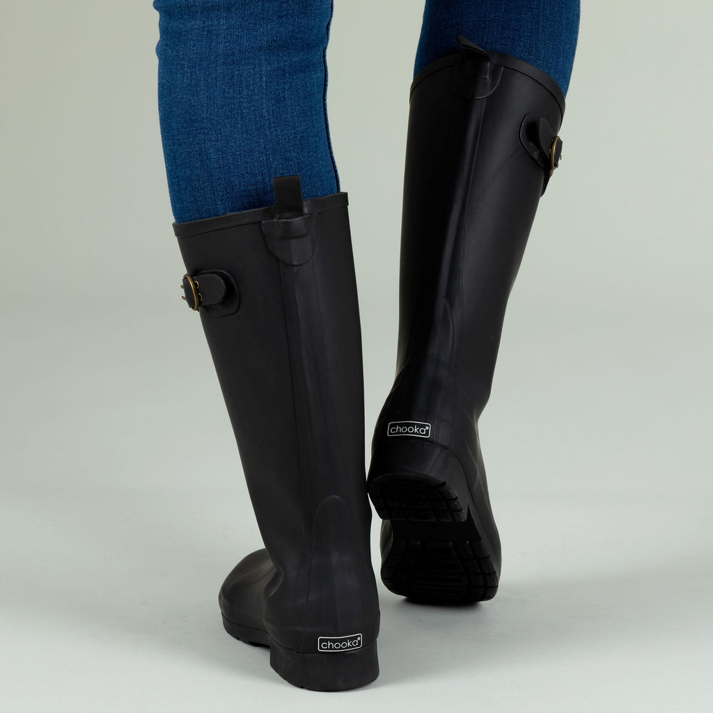Black tall rain boots showing back panel, heel, and tread sole, worn with jeans.