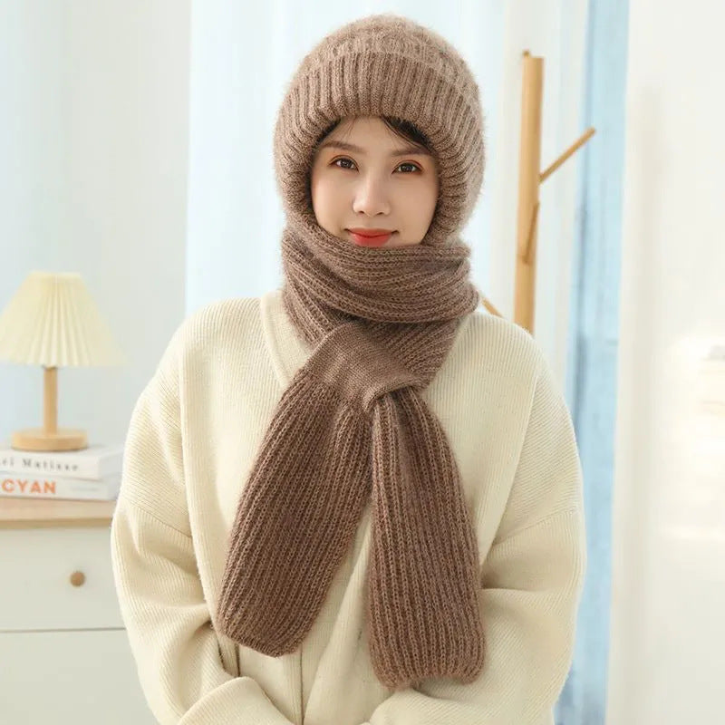 Women’s knit winter hat and scarf set with hood, taupe beige