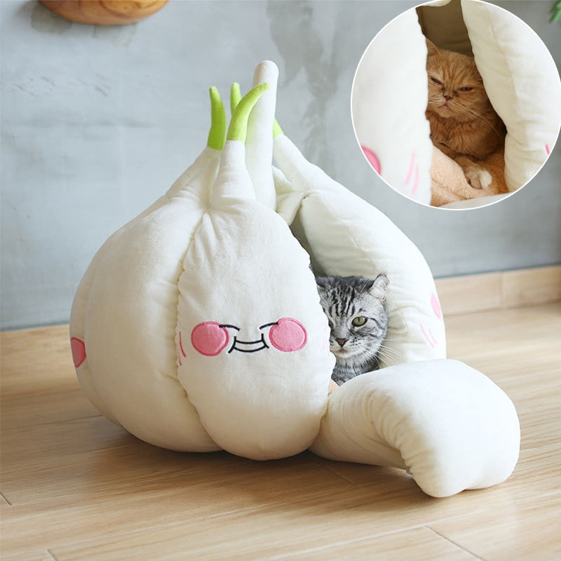 White pet cave tent bed with soft cushion and cute bear-face face details
