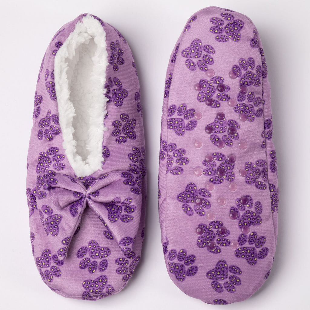 Pair of purple sequin paw slippers with large bow on each