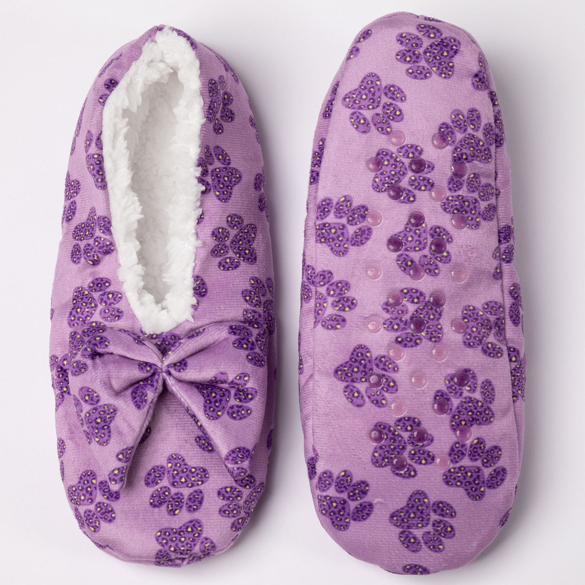 Pair of purple sequin paw slippers with large bow on each