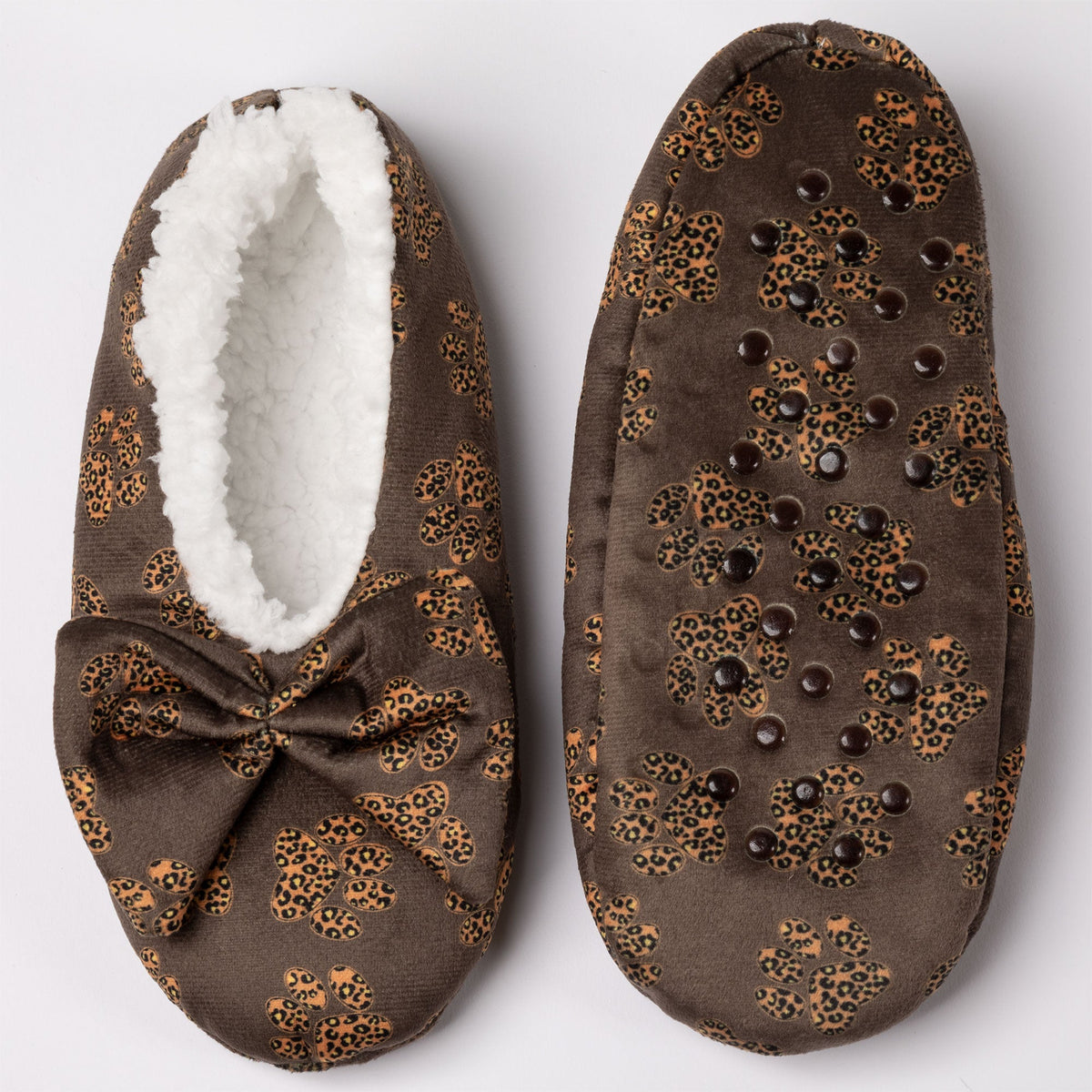 Brown leopard paw slippers with large bow, plush lining, pair shown front and sole side