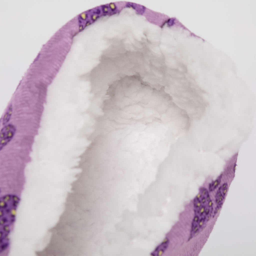 Purple slipper interior with plush white lining