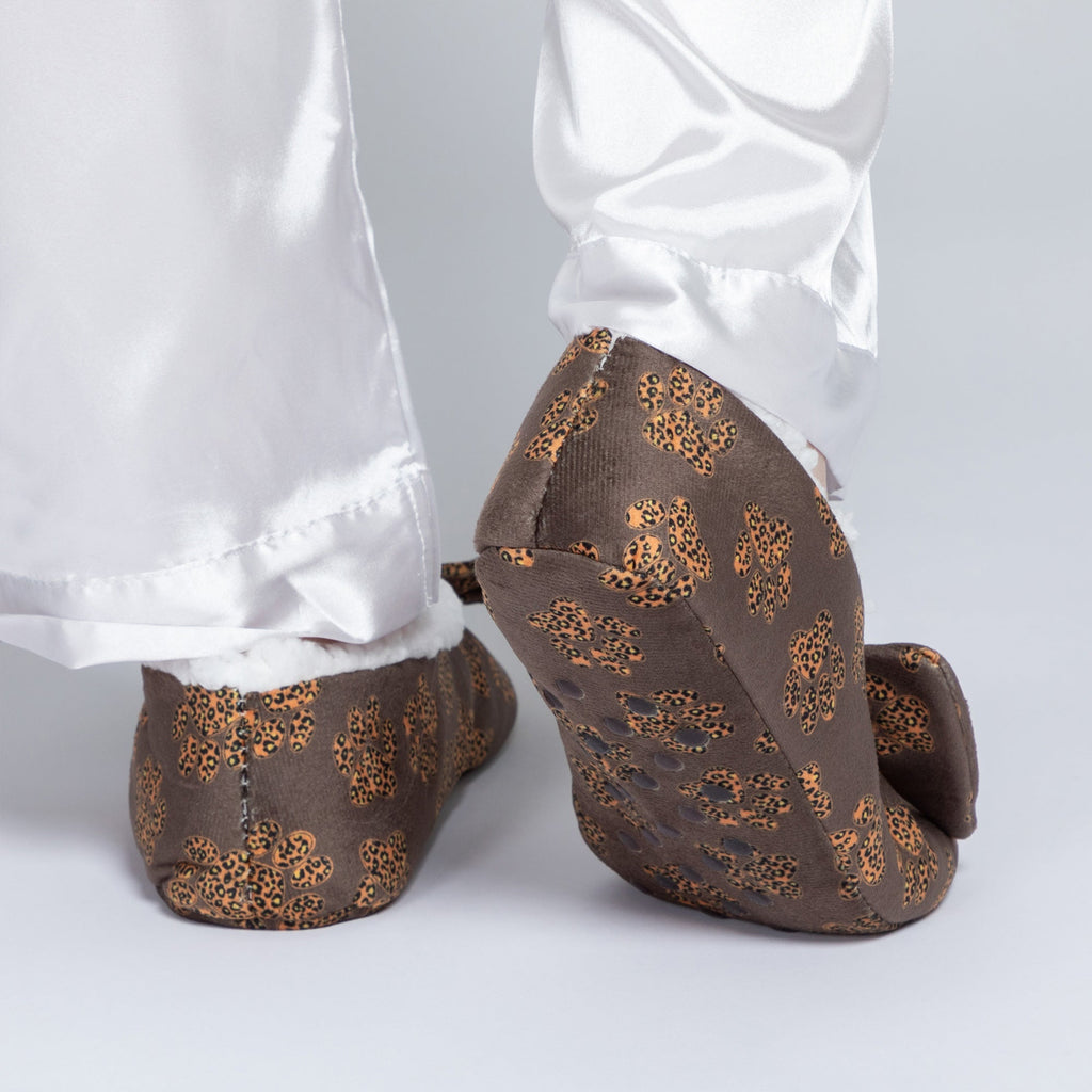 Brown leopard paw slippers with large bow and plush lining, front view