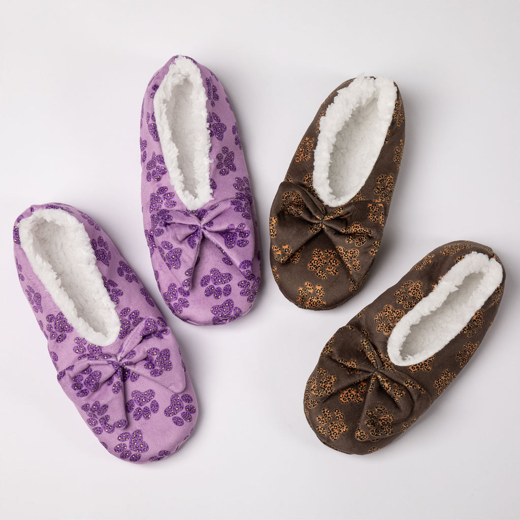 Pair of leopard-print paw slippers with large bow, plush white lining, purple and brown
