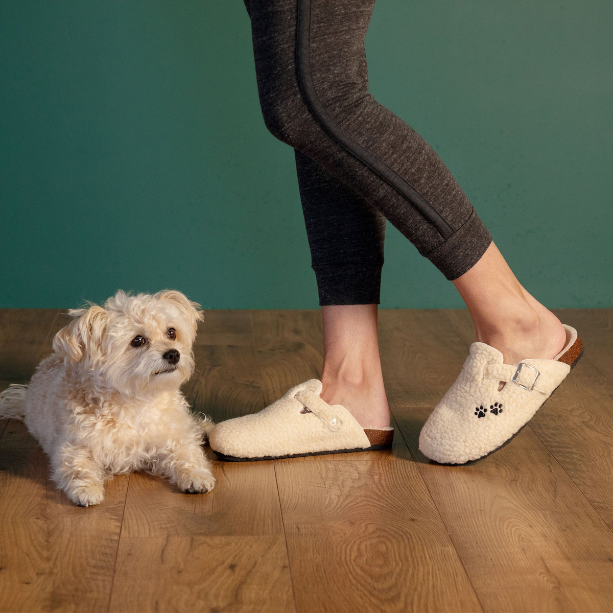 Cream plush sherpa slippers with paw-print appliques, worn with dark pants