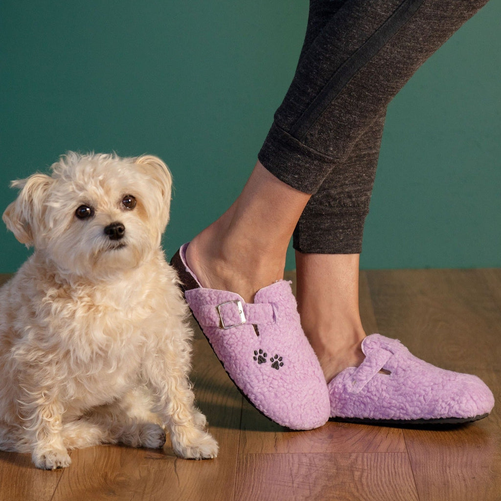 Purple plush sherpa clog slippers with paw print patch and buckle straps