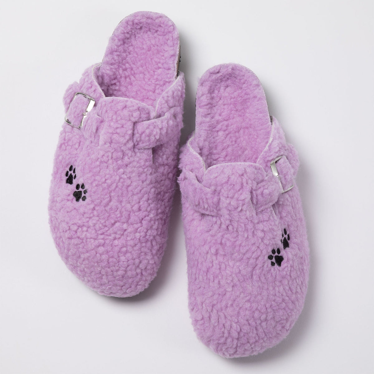 Purple plush sherpa clog slippers with paw-print appliques and adjustable buckle