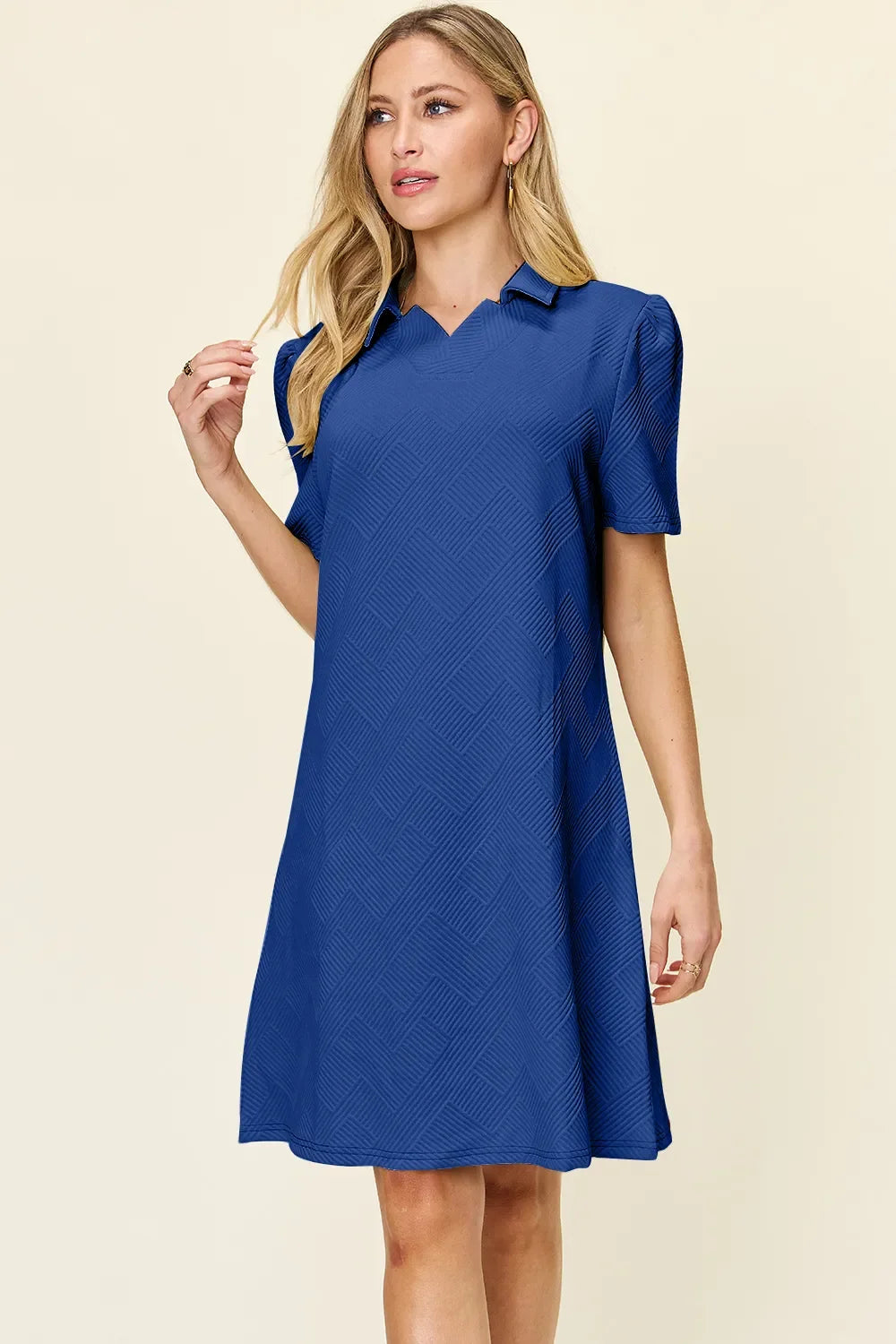 Blue textured collared short-sleeve dress with V neckline, above-knee length.
