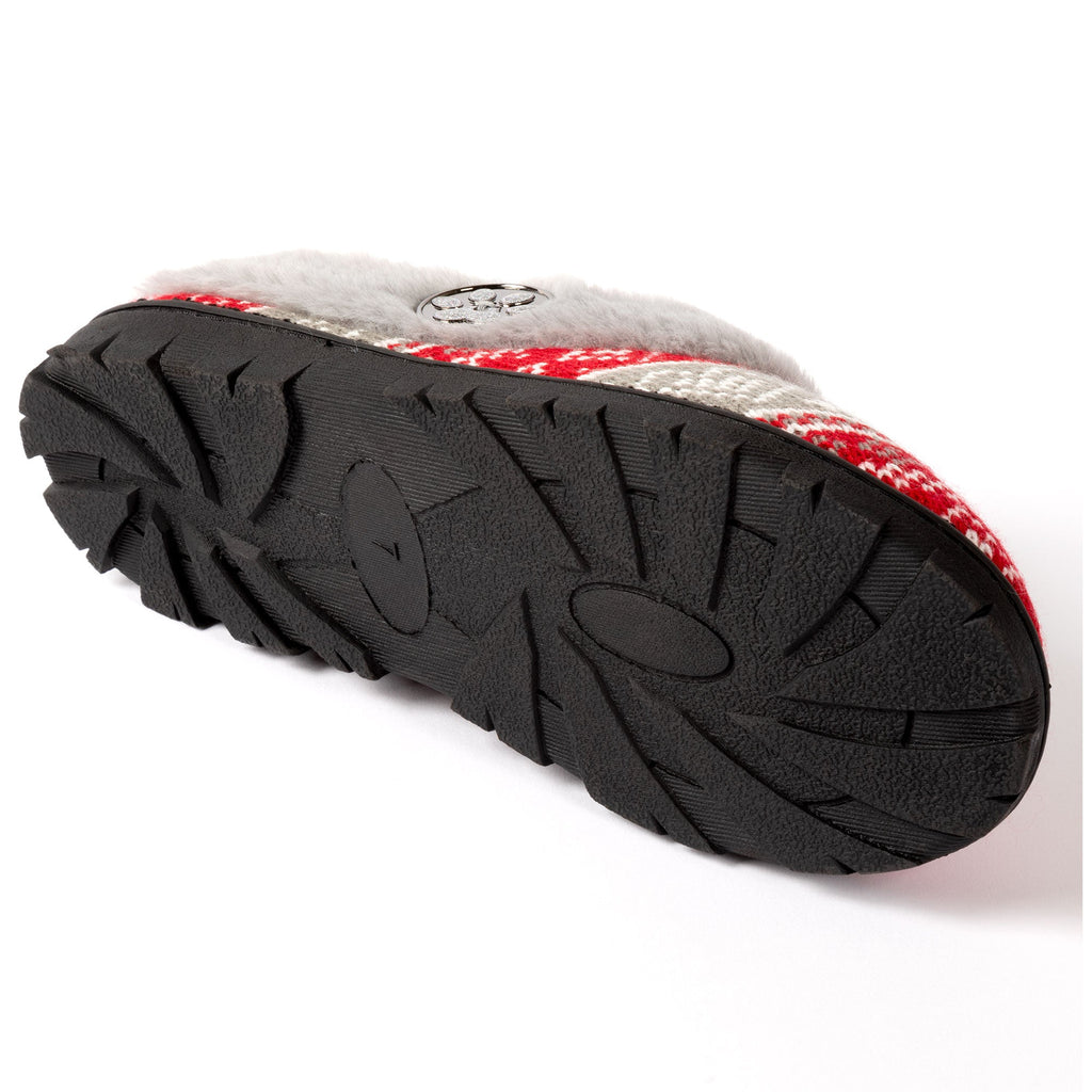 Sole view of knit paw clog slipper with black tread and red-gray patterned upper