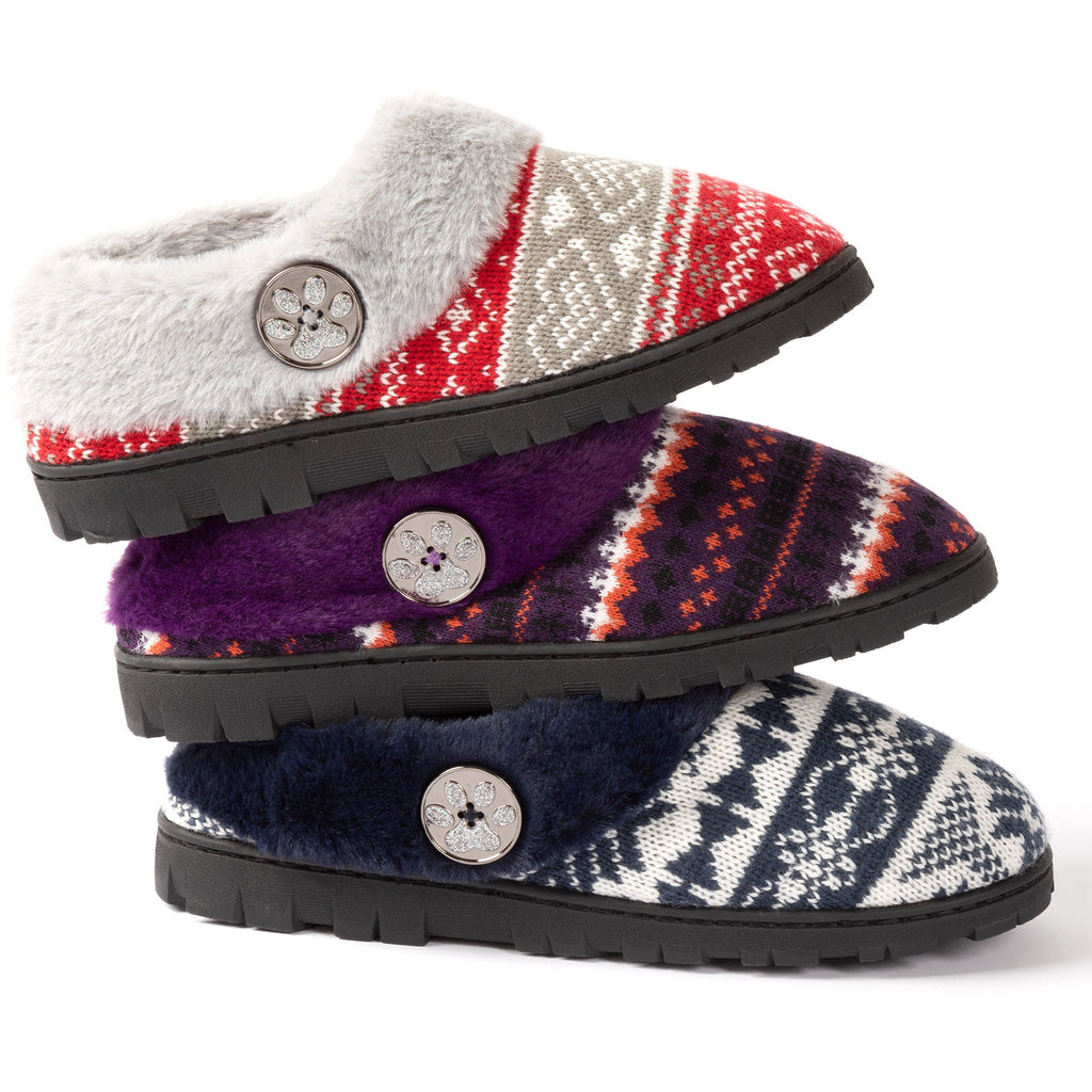 Knit clog slippers with paw button accents and treaded black outsole