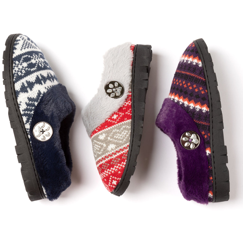 Knit paw clog slippers set with striped knit uppers and paw-badge accents, plush lining