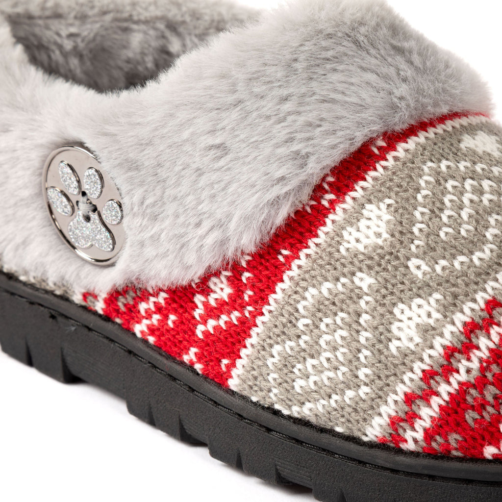 Close-up of plush gray paw clog slipper with red-and-gray patterned knit upper and badge