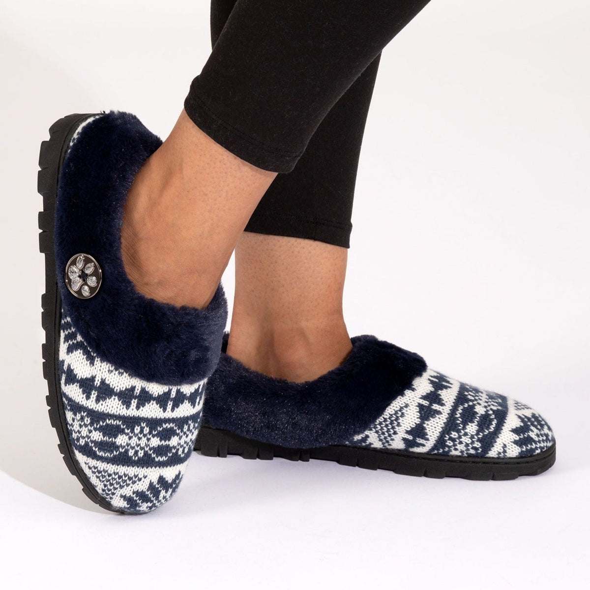 Blue fair isle knit clog slippers with cushioned fuzzy collar and textured outsole