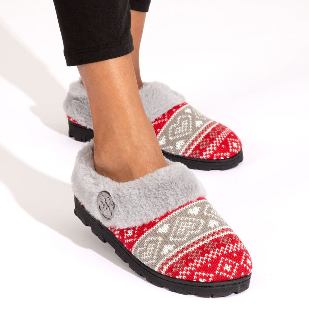 Red-and-gray fair isle knit clog slippers with plush lining and round paw emblem