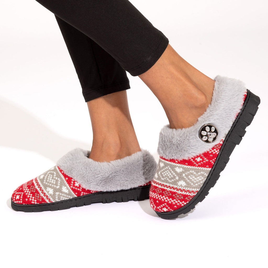 Gray faux-fur and red knit paw clog slippers with fair isle pattern and tread sole