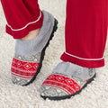 Red-and-gray knit paw clog slippers with white faux-fur lining and black textured sole