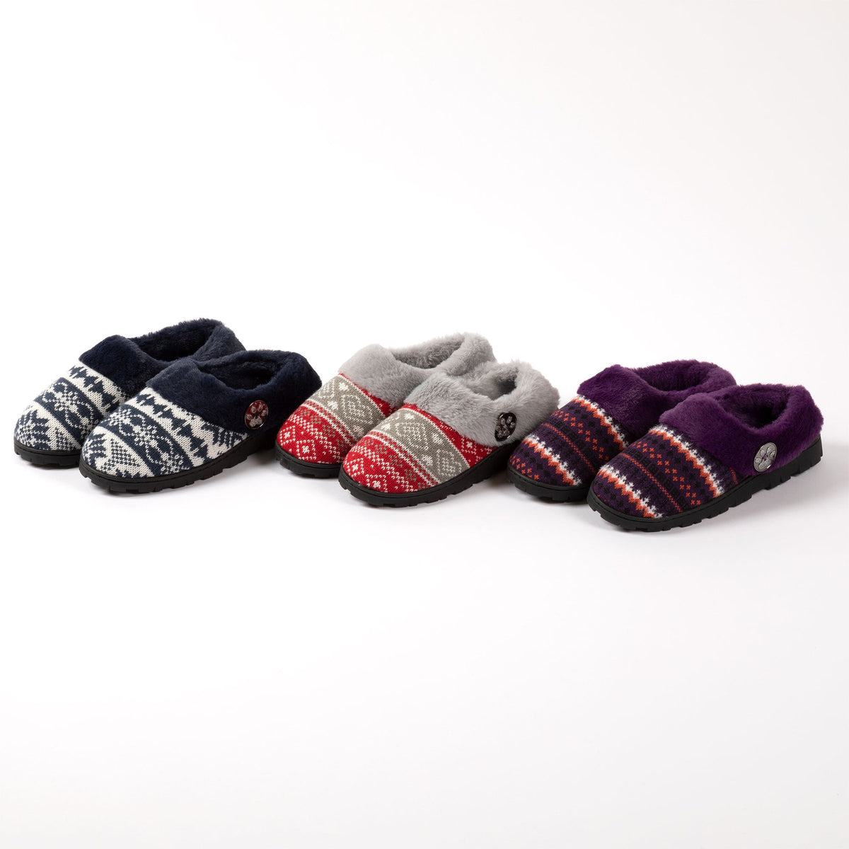 Set of knit clog slippers with paw-button details in navy, gray, red, and purple