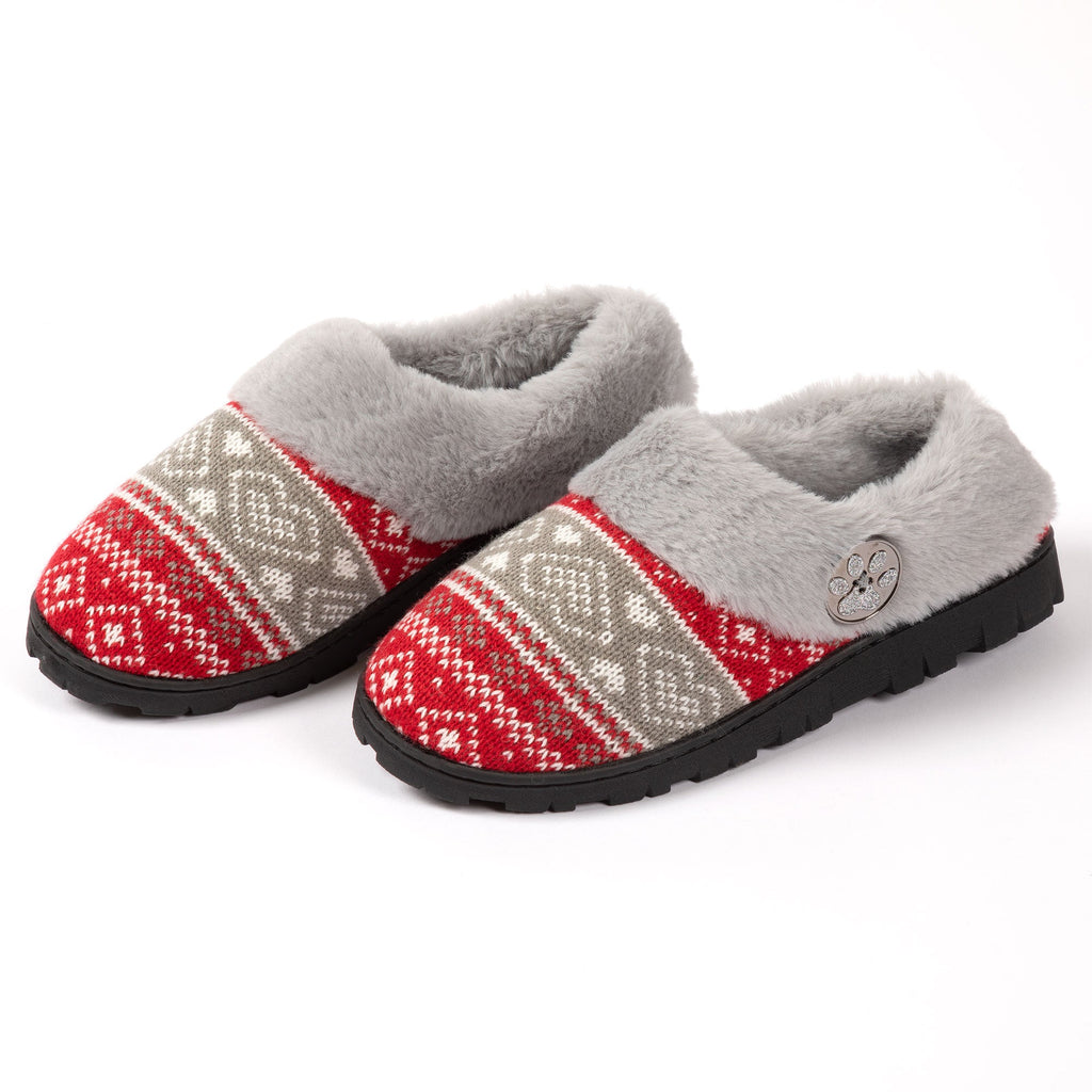 Two-tone gray faux-fur lined knit clog slippers with red-and-gray fair isle pattern
