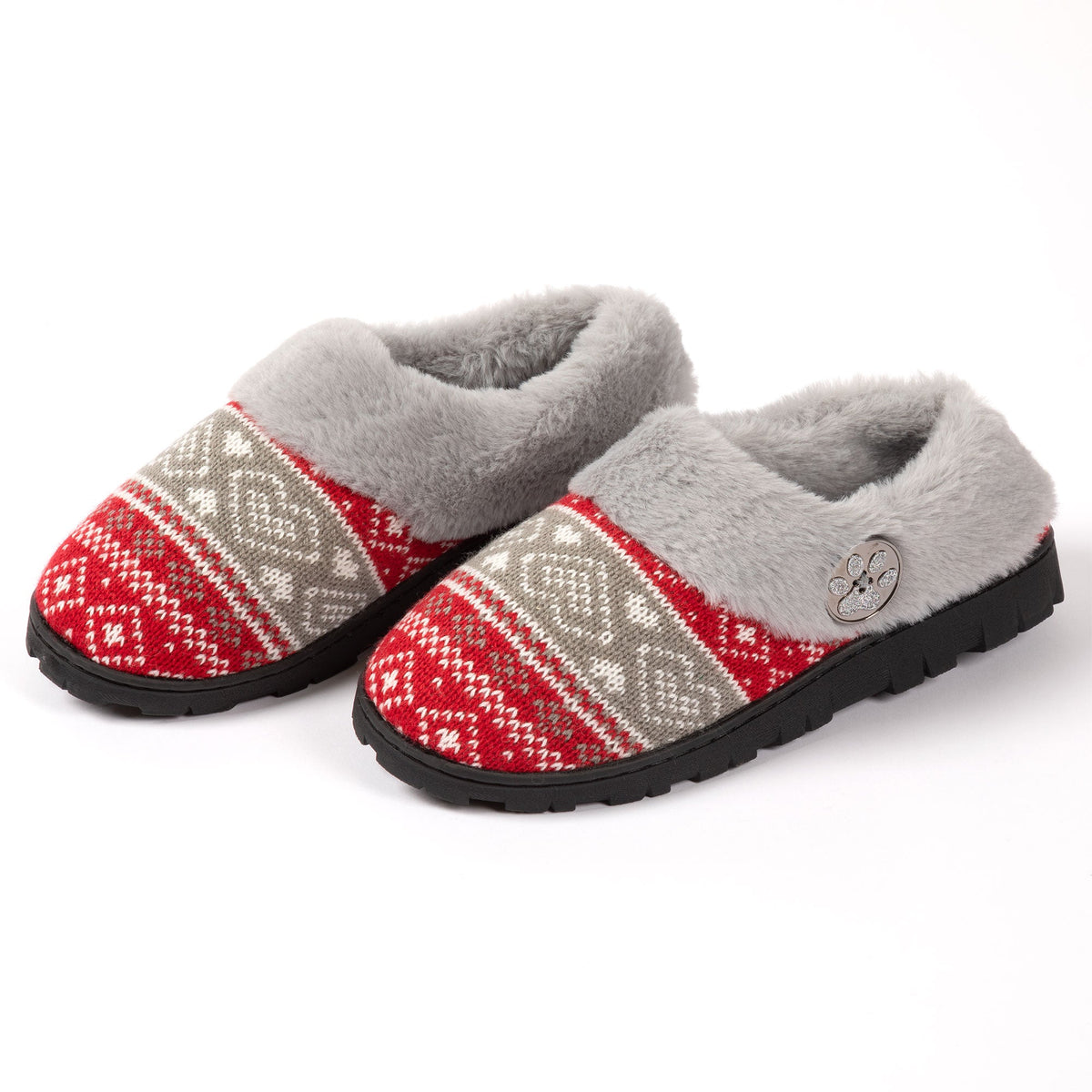Two-tone gray faux-fur lined knit clog slippers with red-and-gray fair isle pattern