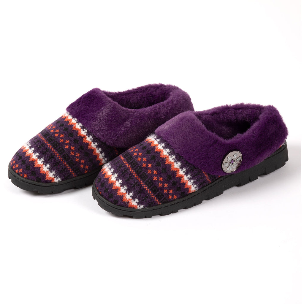 Pair of purple knit clog slippers with multicolor fair isle pattern and rubber soles