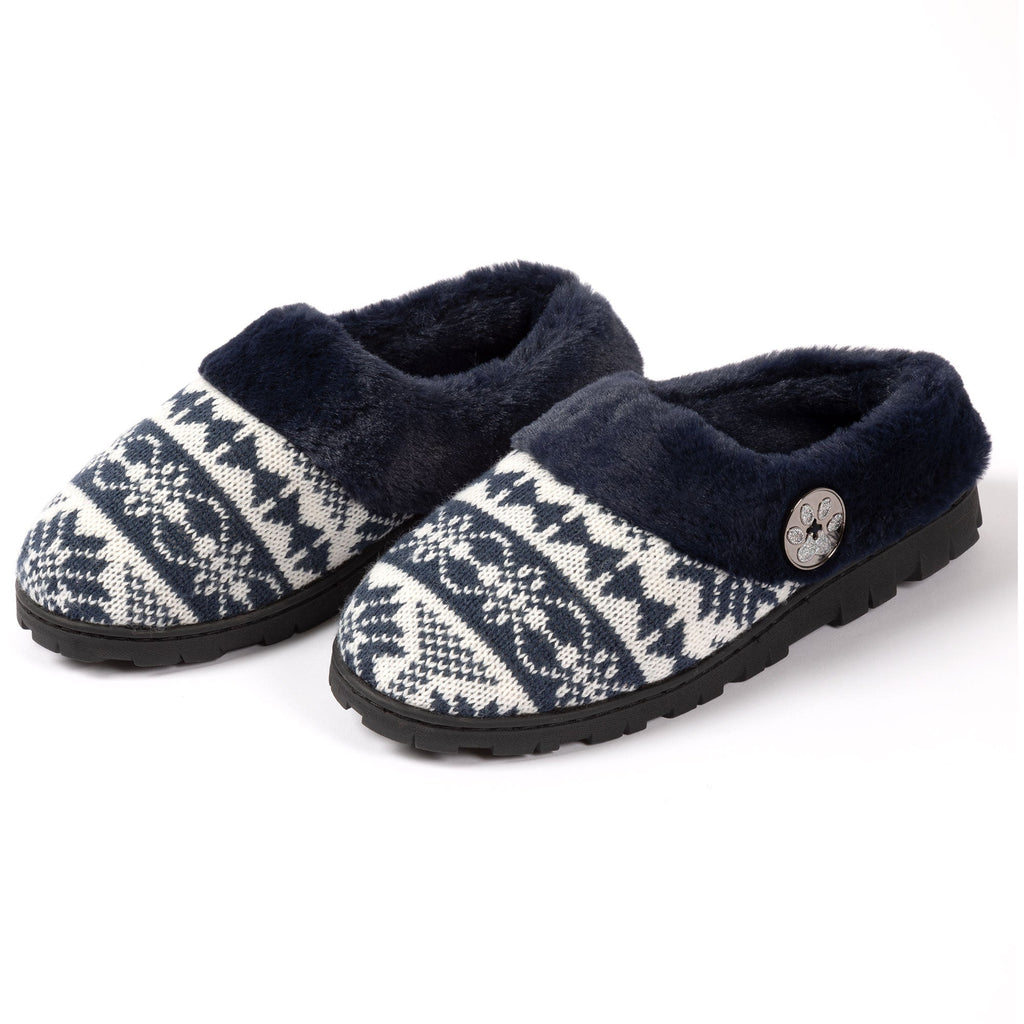 Pair of blue fair isle knit clog slippers with navy faux fur lining and soles