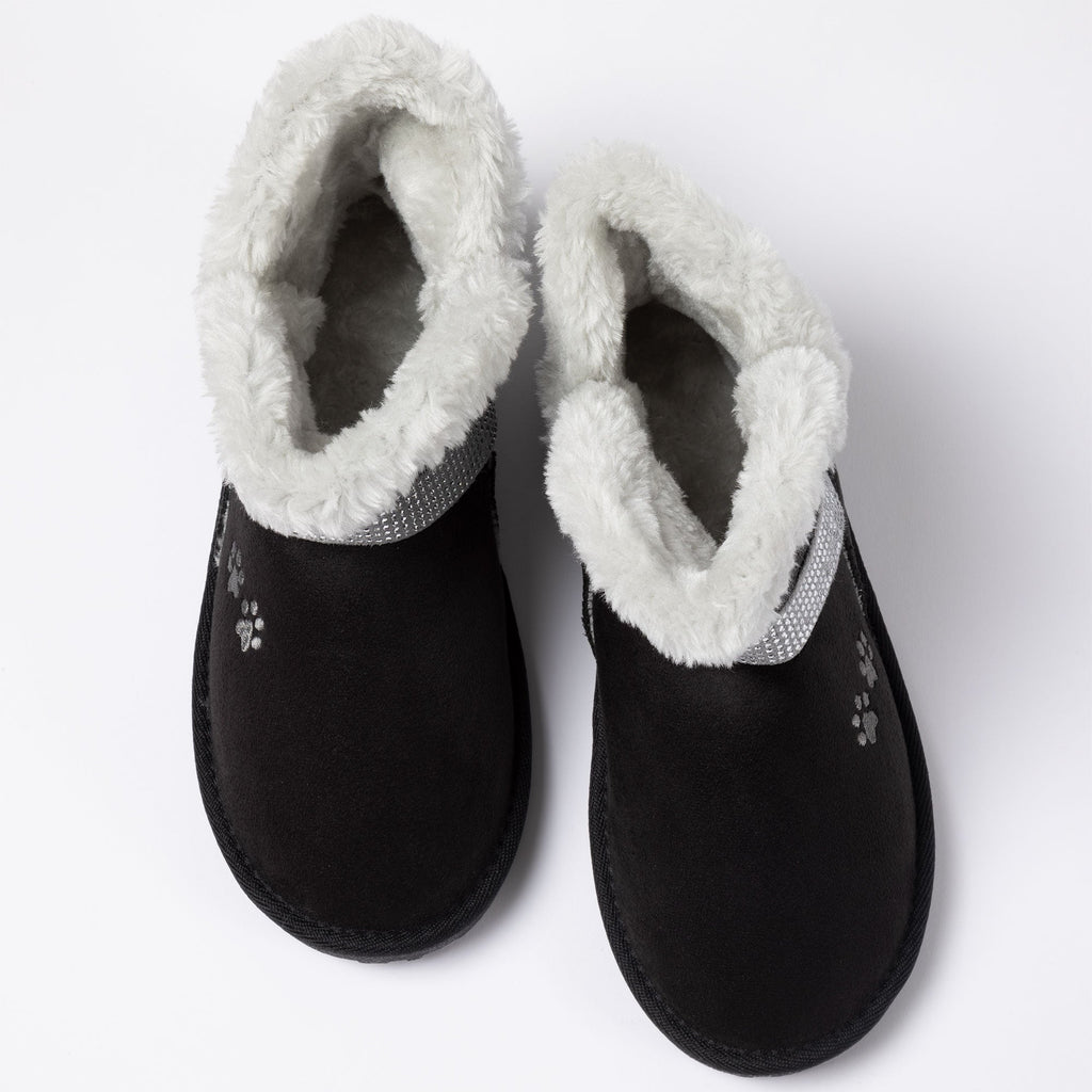 Black faux suede ankle boots with paw print, open fuzzy lining and cushioned collar