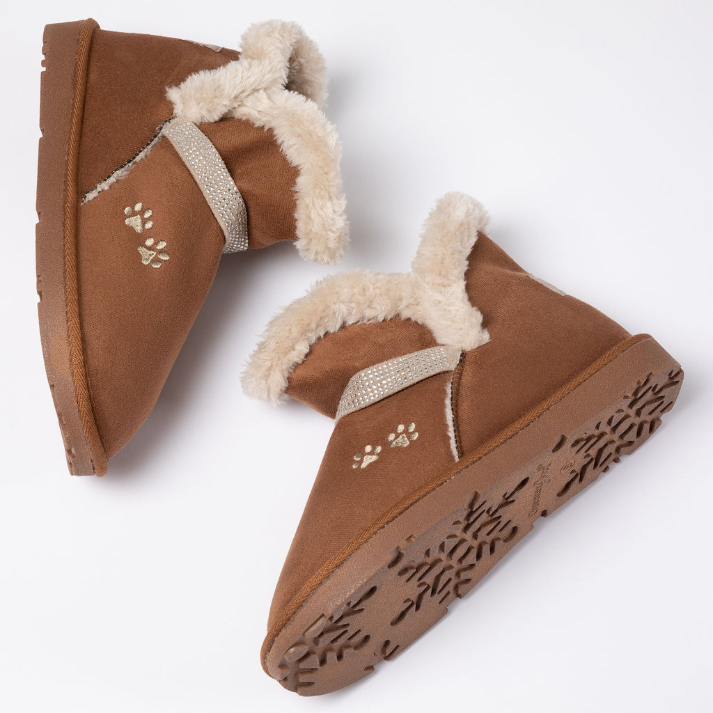 Tan ankle boots with paw print, rhinestone strap, and snowflake-pattern tread sole.