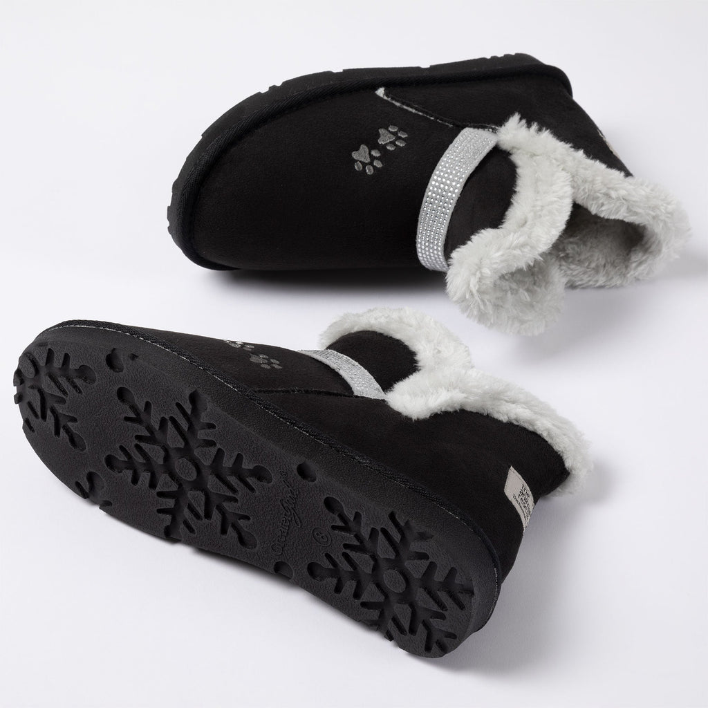 Black faux suede ankle boots with paw print, fuzzy cuff and textured rubber outsole