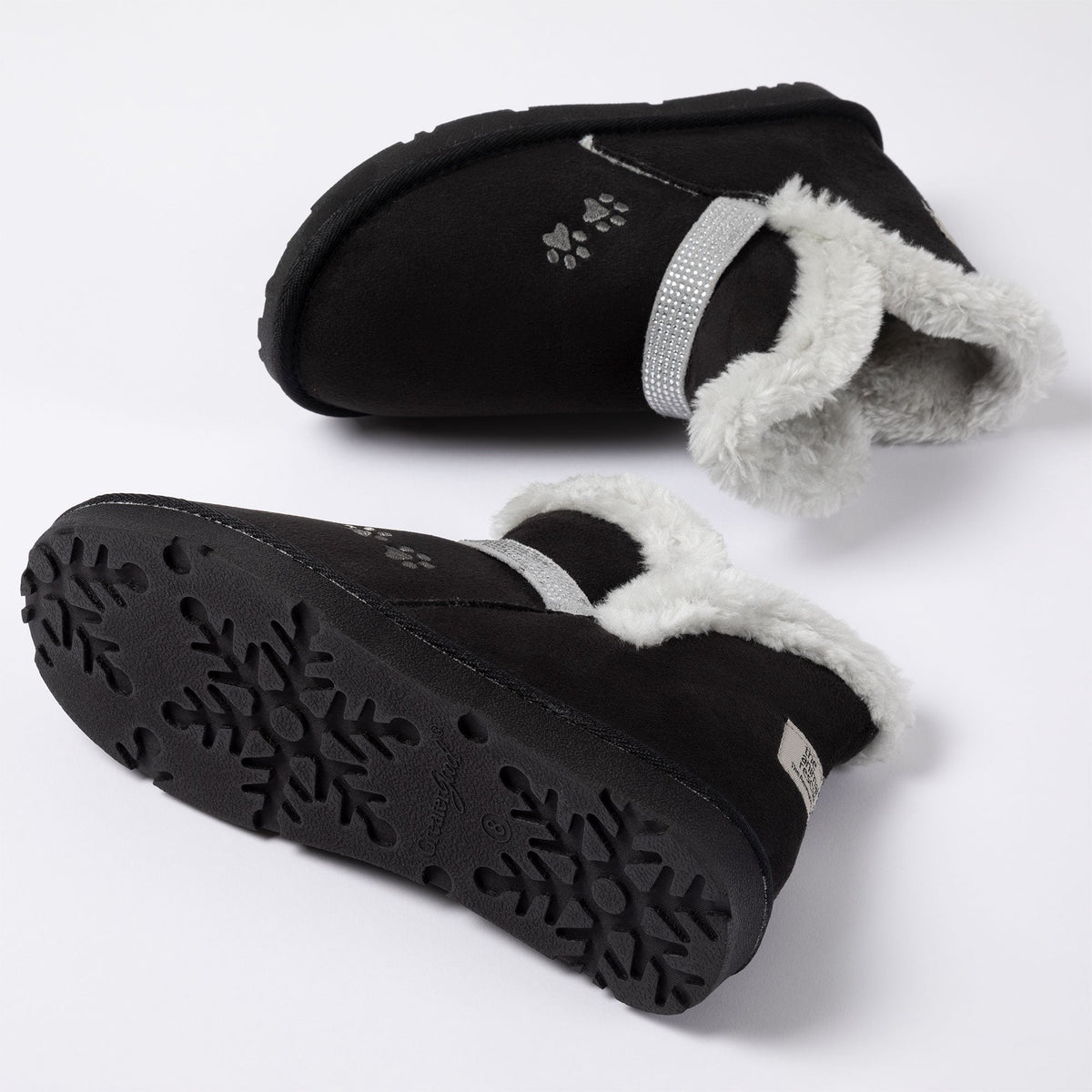 Black faux suede ankle boots with paw print, fuzzy cuff and textured rubber outsole