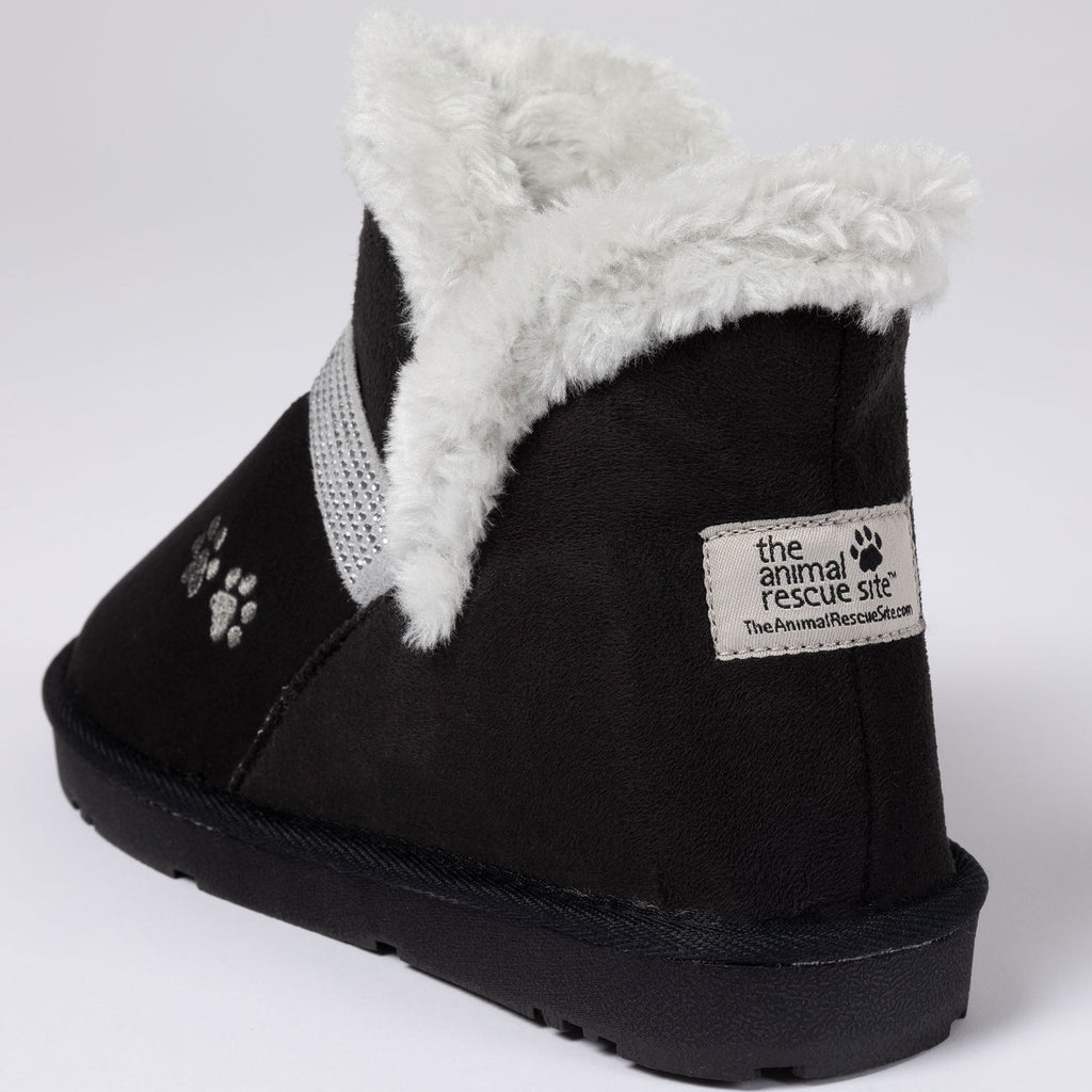 Black faux suede ankle boots with paw print, fluffy collar and animal rescue site label