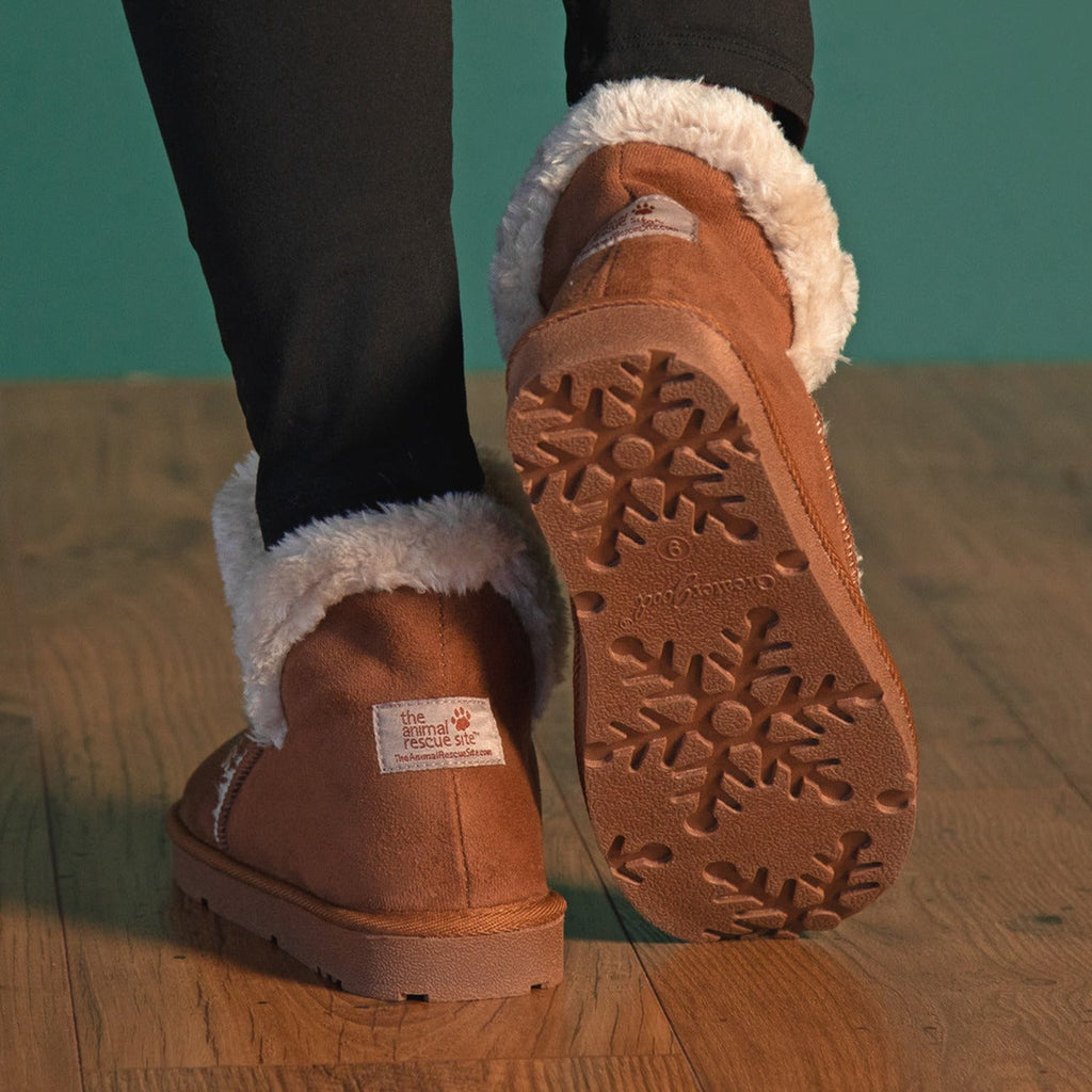 Tan ankle boots showing rubber tread sole, paw-print detail, and faux fur cuff.