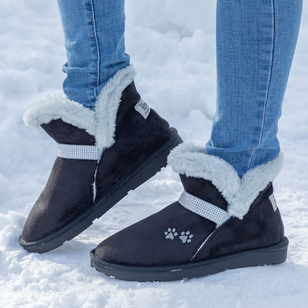 Black faux suede ankle boots with paw print, fluffy cuffs and light-blue glitter strap