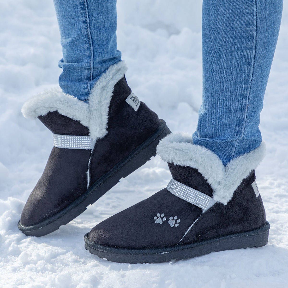 Black faux suede ankle boots with paw print, fluffy cuffs and light-blue glitter strap