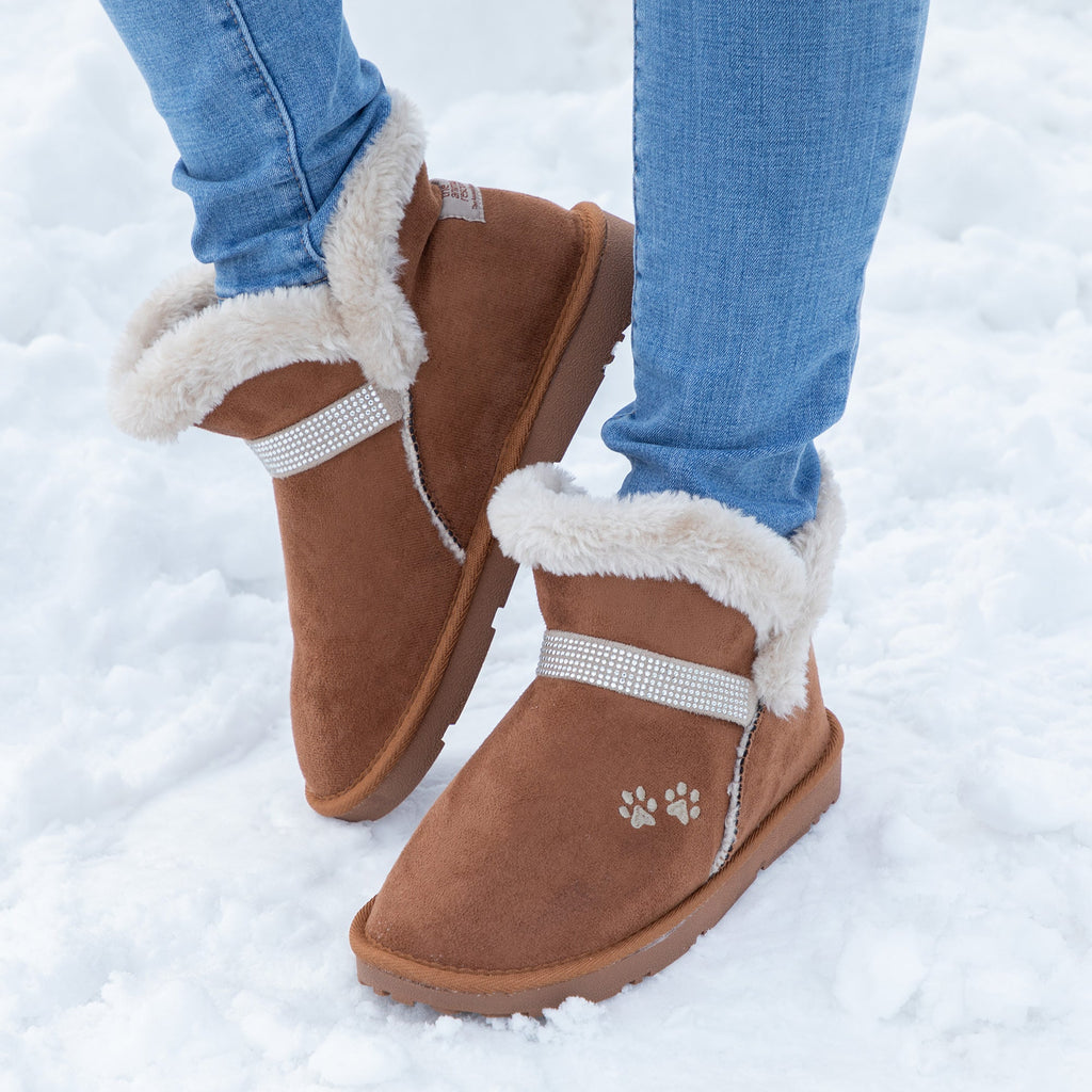 Tan faux suede ankle boots with paw print, white fuzzy trim and silver strap