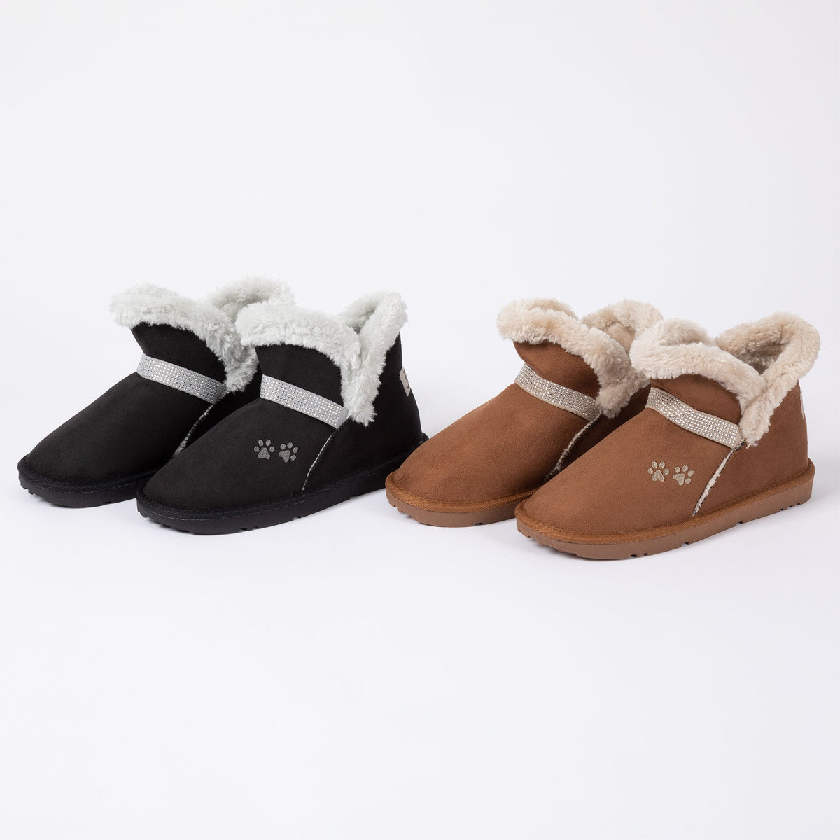 Faux suede ankle boots with paw print, black and tan with fuzzy trim and silver strap