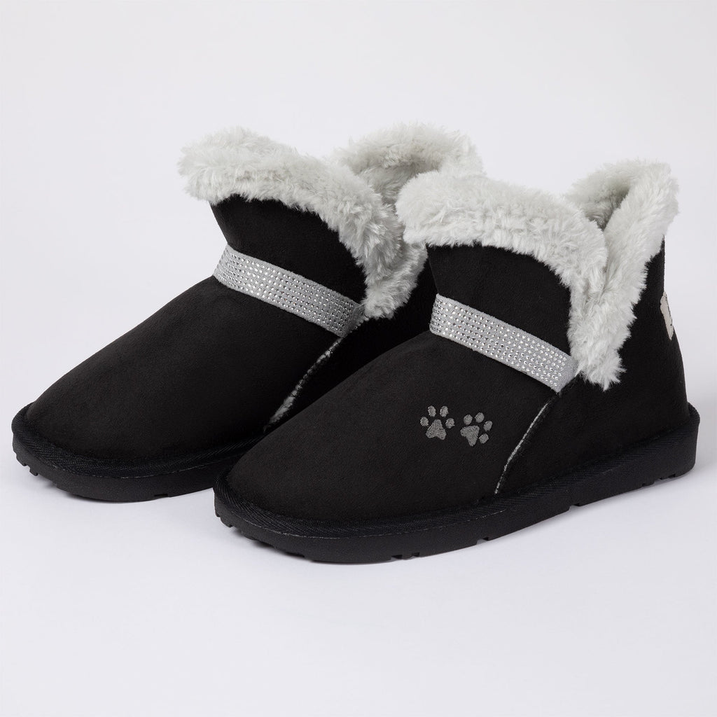 Black faux suede ankle boots with paw print, silver strap and plush ankle trim