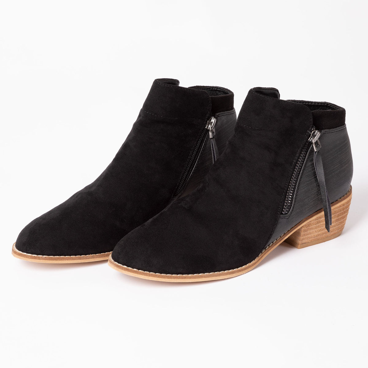 Black side-zip ankle boots with tassel pull, stitched seams, and low block heel.