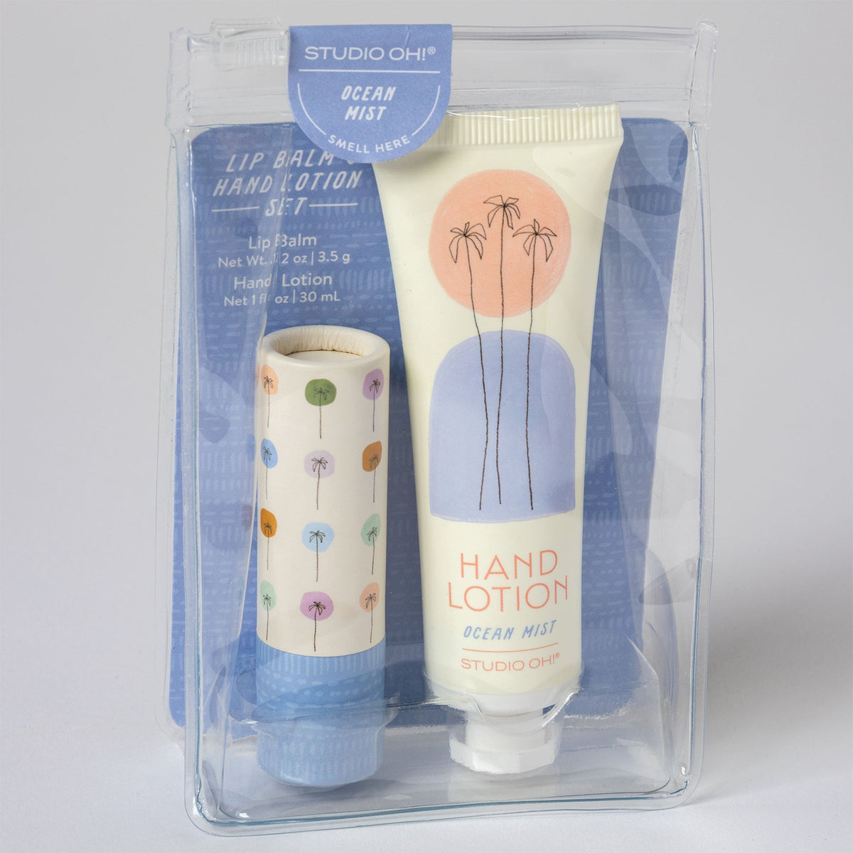 Hand lotion and lip balm tubes in a clear gift box, Ocean Mist theme