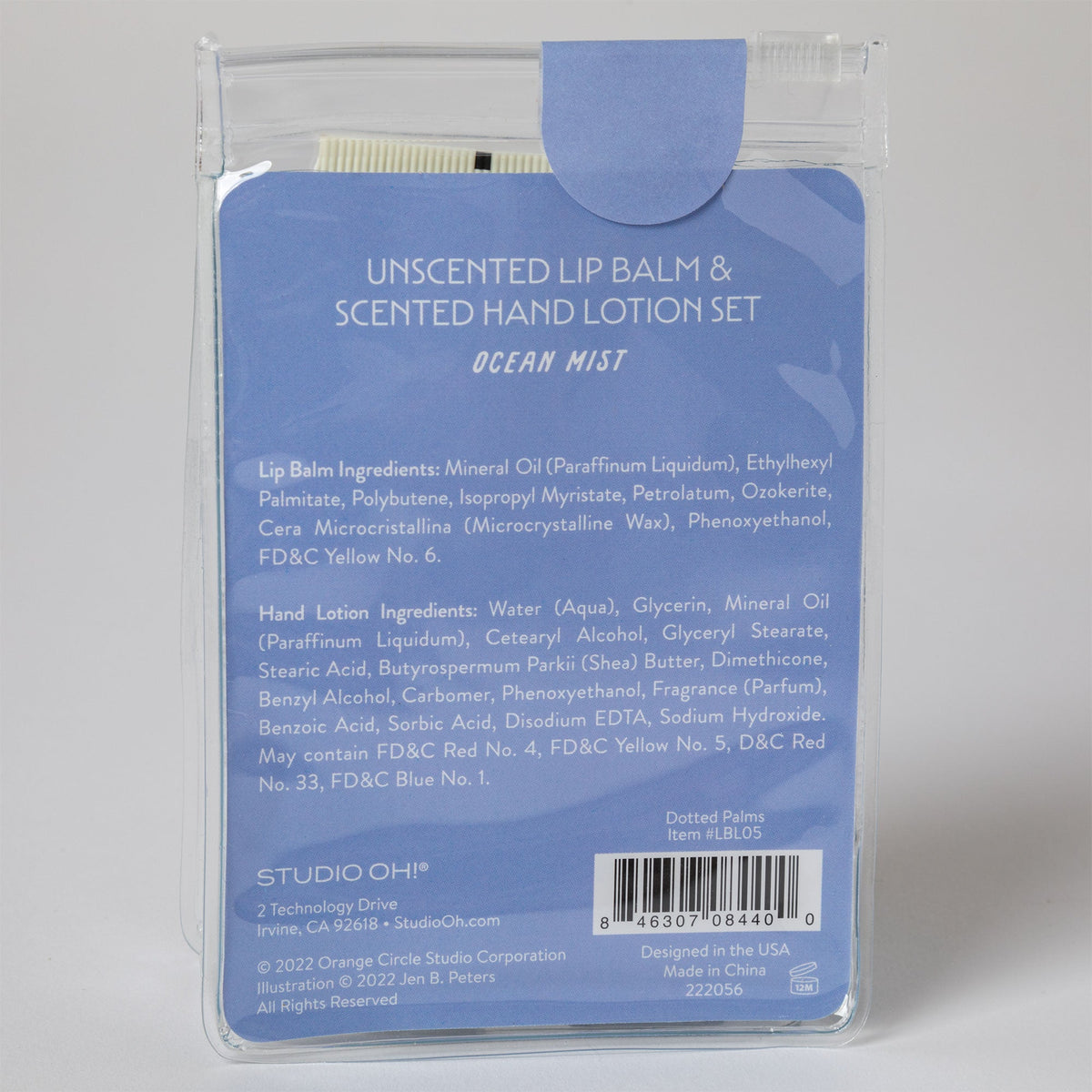 Gift set back label with ingredients list and 'UNSCENTED LIP BALM' text