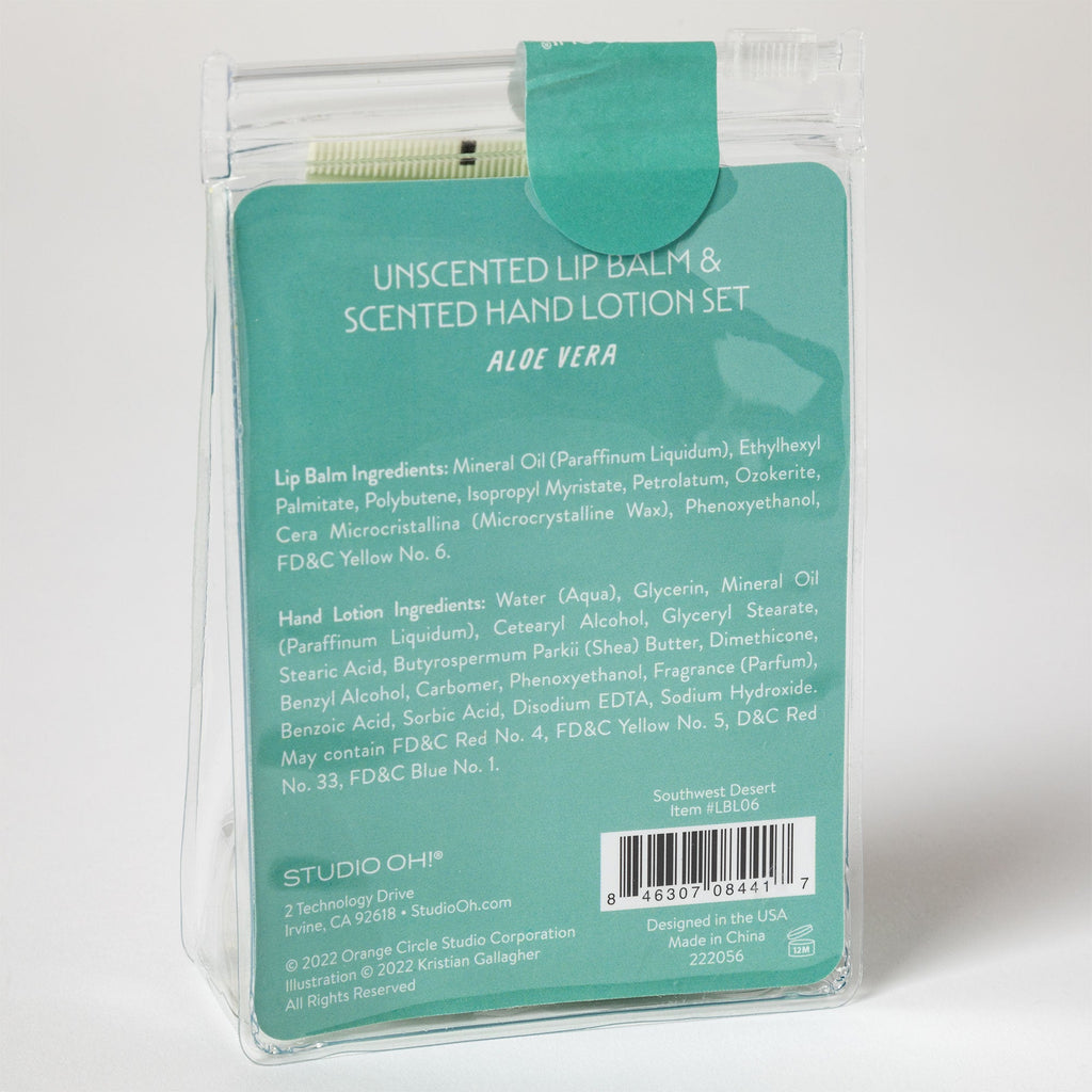 Unscented up balm & hand lotion set label on back of clear pouch
