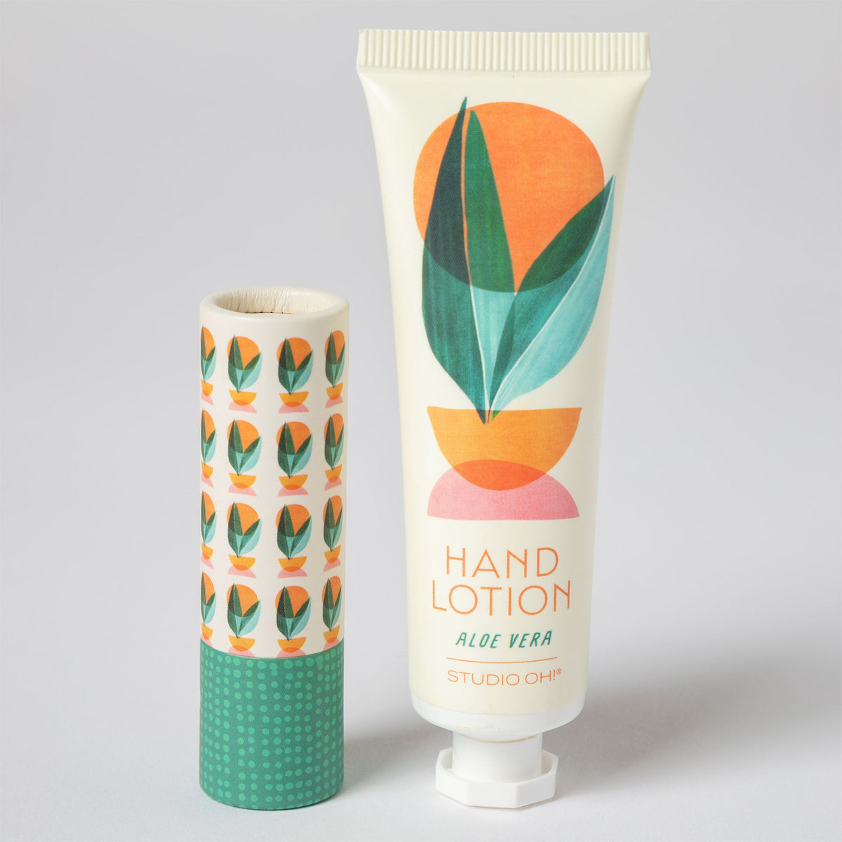 Aloe vera hand lotion tube with capped lip balm stick in patterned sleeve
