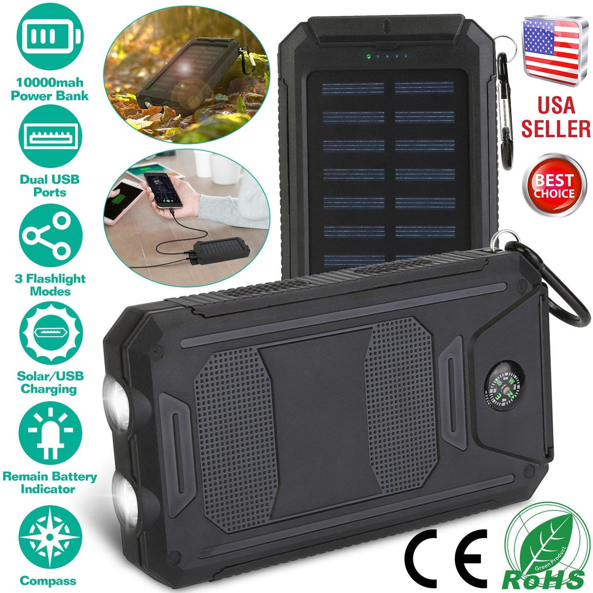 Black solar power bank with front grille, compass dial, and solar panel